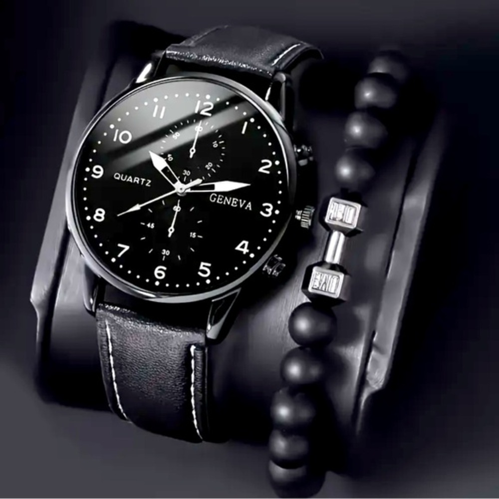 Geneva Men’s Black Dial Watch & "Lift" Bead Bracelet Set